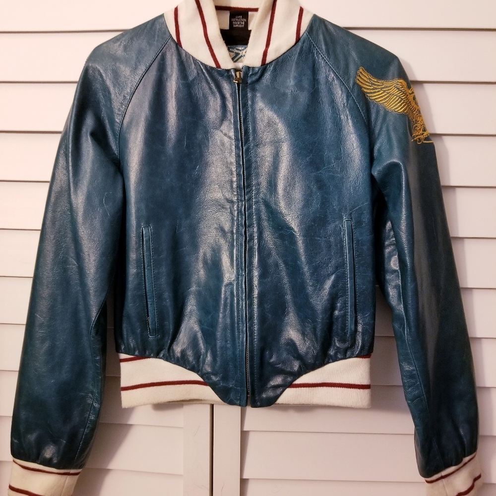 Diesel Style Lab turquoise leather varsity jacket